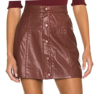 Free People Maisie Vegan Mini Skirt Brown Faux Leather Button Front Size 12